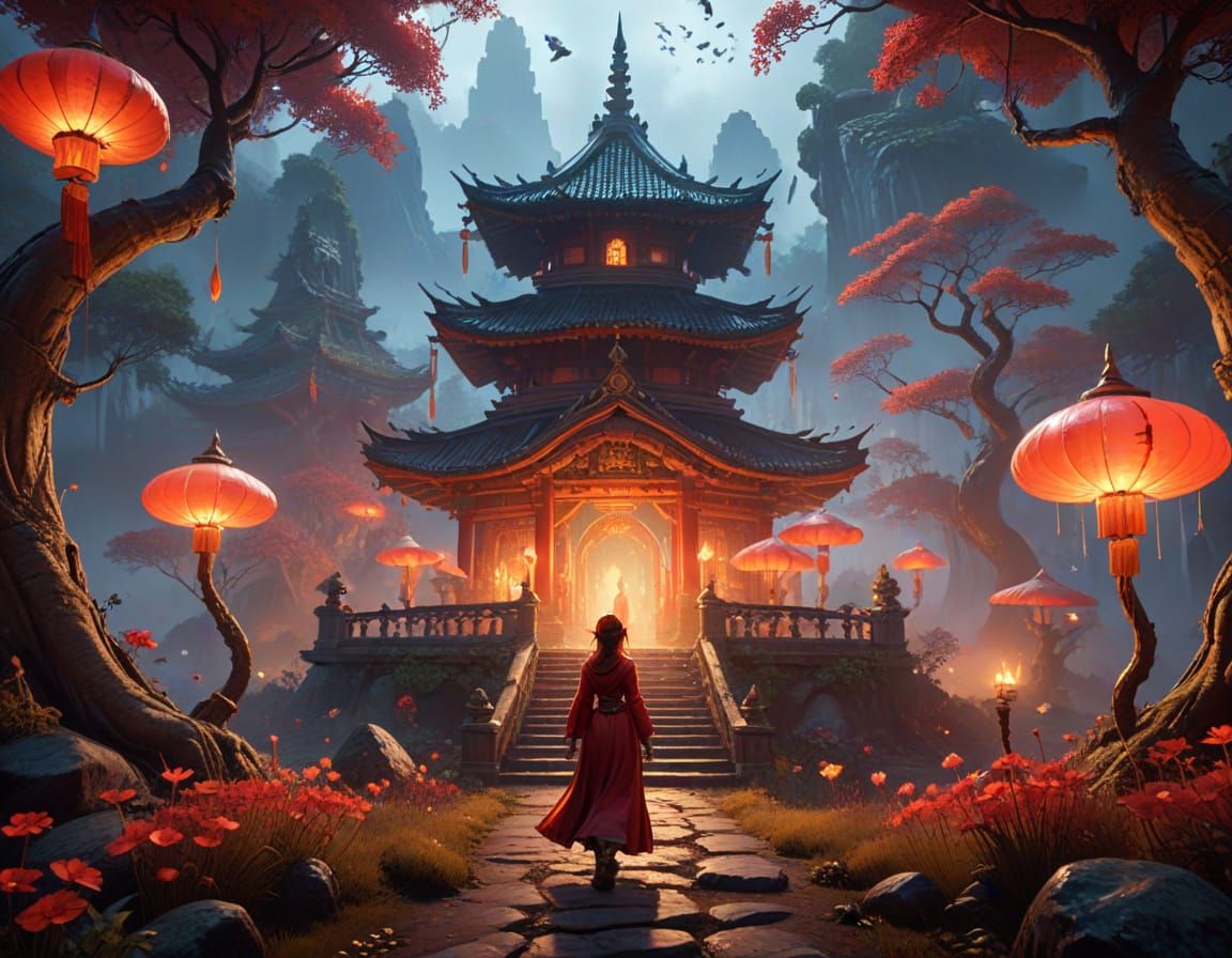 Whimsical Fantasy Shrine in Vibrant Oil Painting