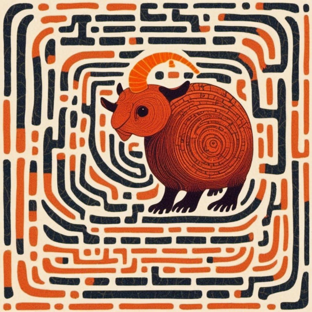 Minotaur Navigating an Orange and White Maze