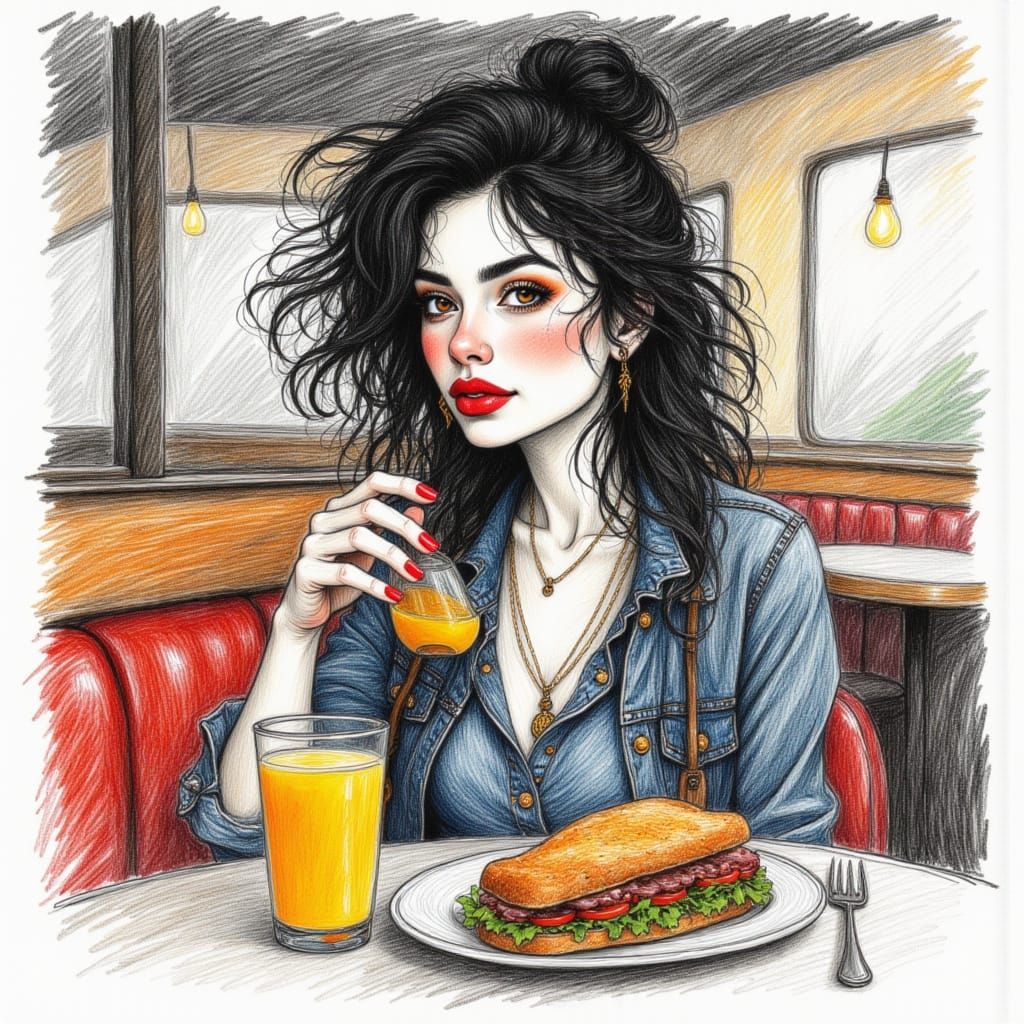 Woman in Boho Outfit Enjoys Sandwich in Nostalgic Diner