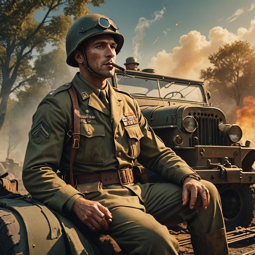 WWII Army Captain Smoking Cigar, Matte Painting