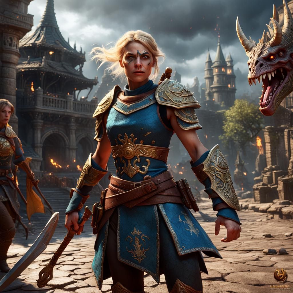 Blonde Warrior Battles Minotaurs: Detailed Matte Painting