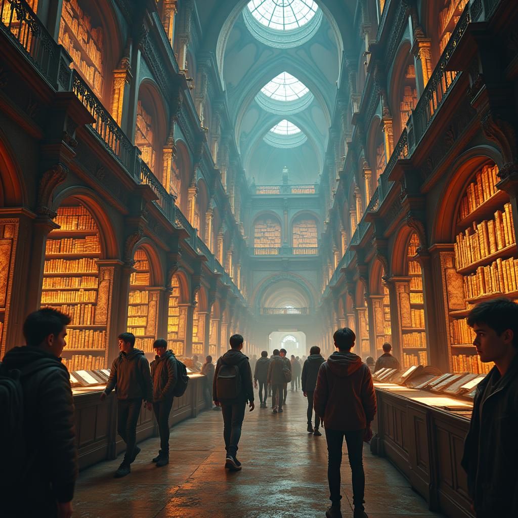 Students Explore Mystical Library in Matte Painting Style