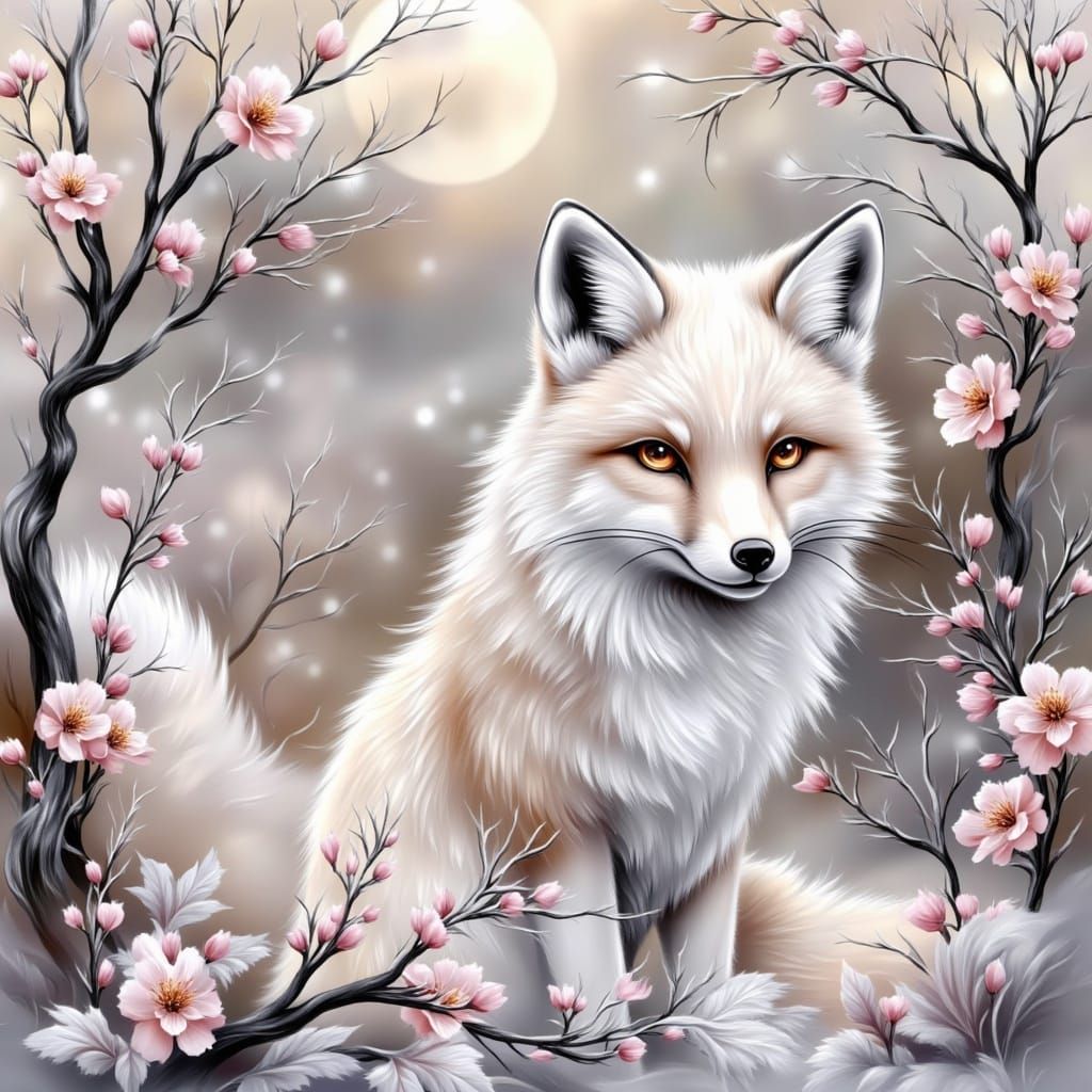 Majestic White Fox in Vibrant Cherry Blossom Forest
