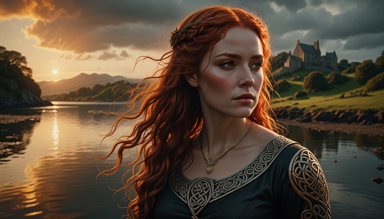 A Celtic woman stand in front of a fountain