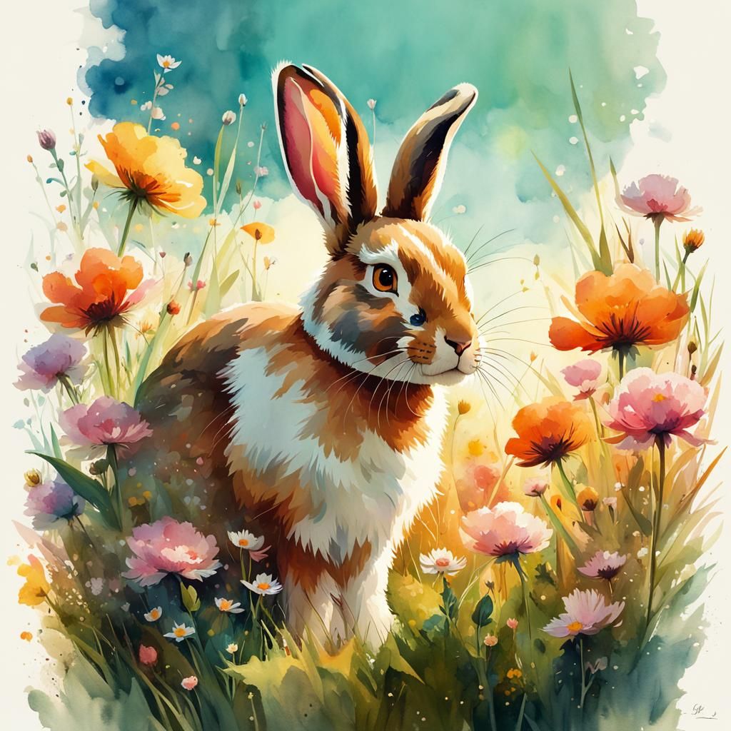 Fluffy Rabbit in Meadow: Hyperrealistic Watercolor Illustrat...