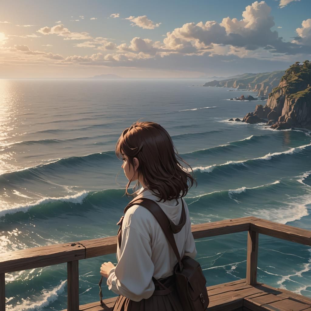 Girl Gazing at Sea in 3D Anime Style