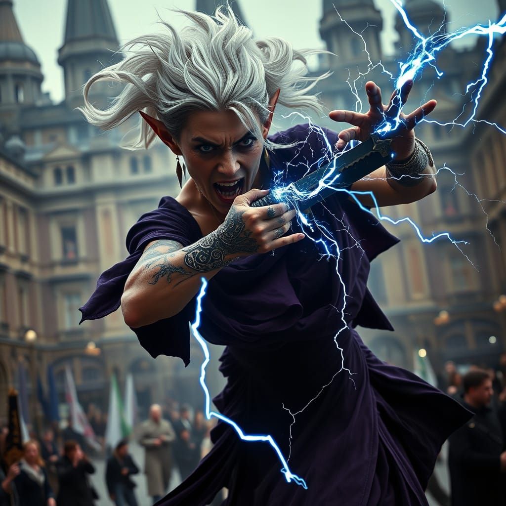 Fierce Dark Elf Dominates Assassin in Dramatic City Square