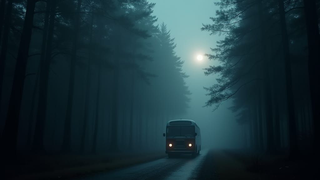 Eerie Vintage Bus Enters Foggy Forest Road at Night