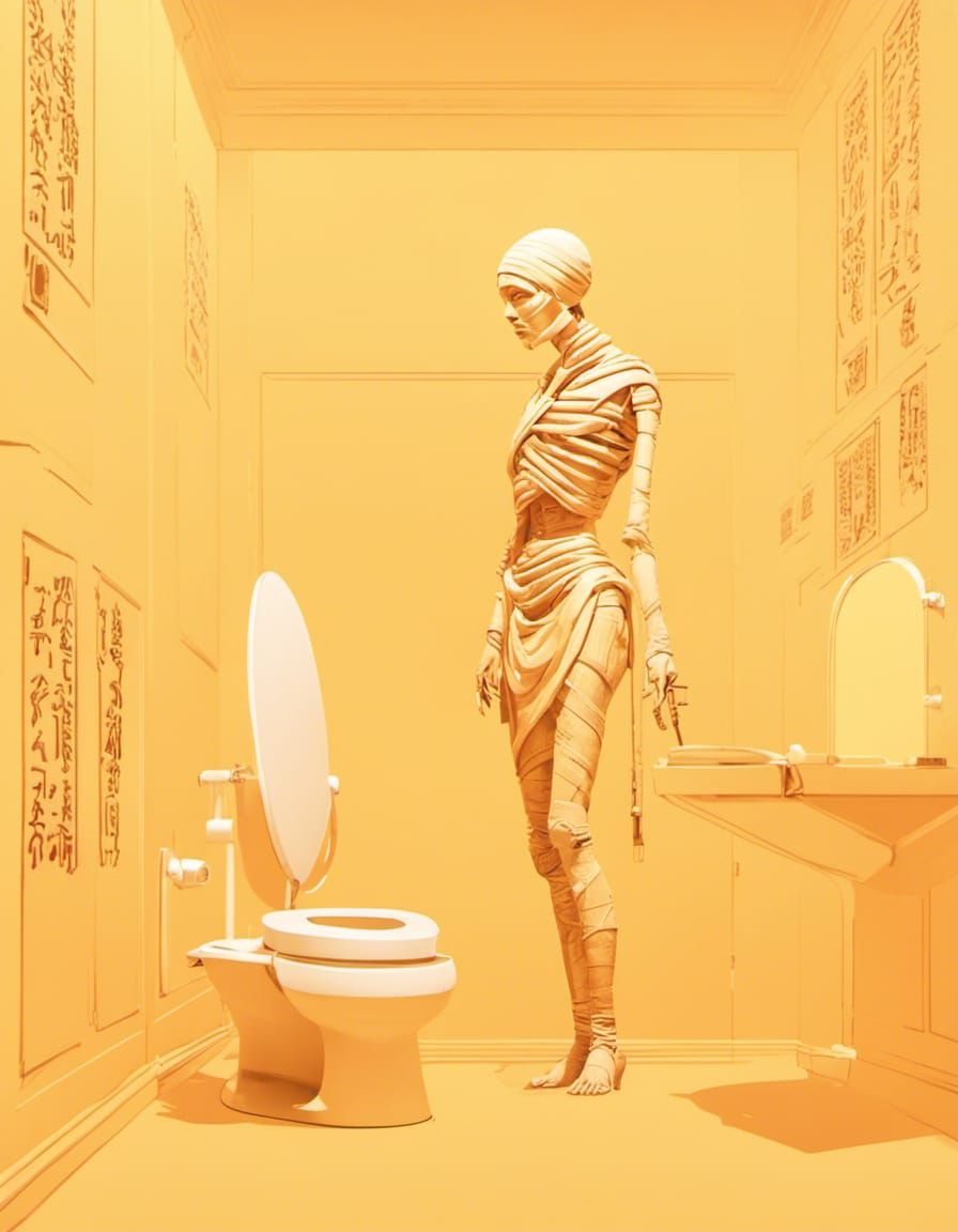 Hyperrealistic Mummy on Toilet with Hieroglyphs