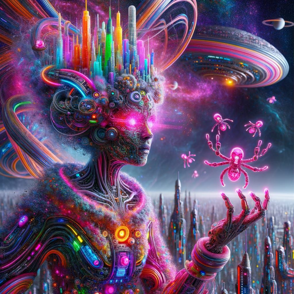 Cosmic Goddess of Neon Dreams in Futuristic Metropolis