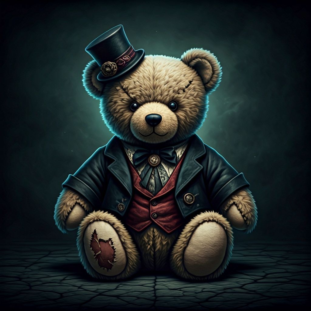 Menacing Teddy Bear in Victorian Attire, Dark Fantasy Etchin...