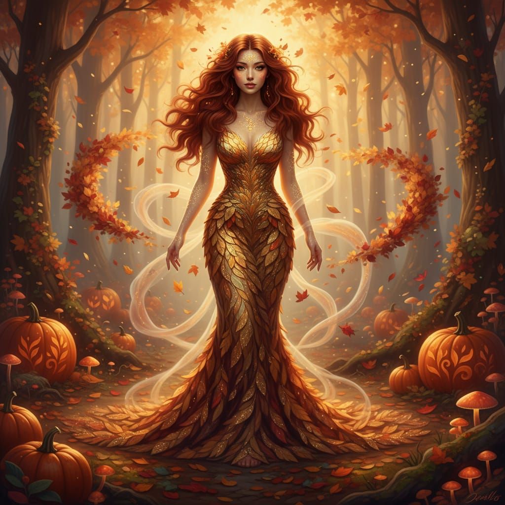 Autumn Woman in Magical Forest with Golden Foliage Gown