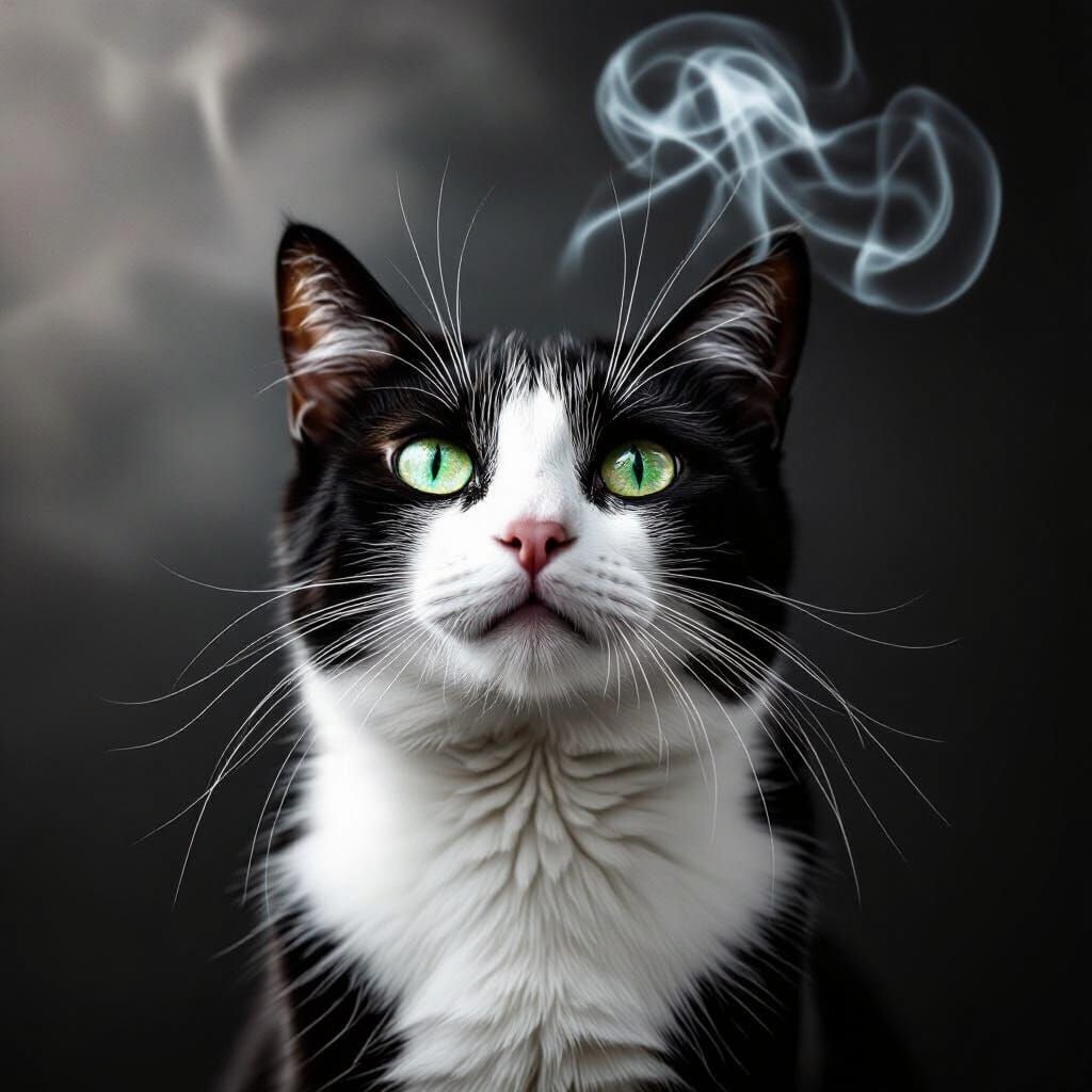 Tuxedo Cat Gazes at Ethereal Smoke in Monochrome