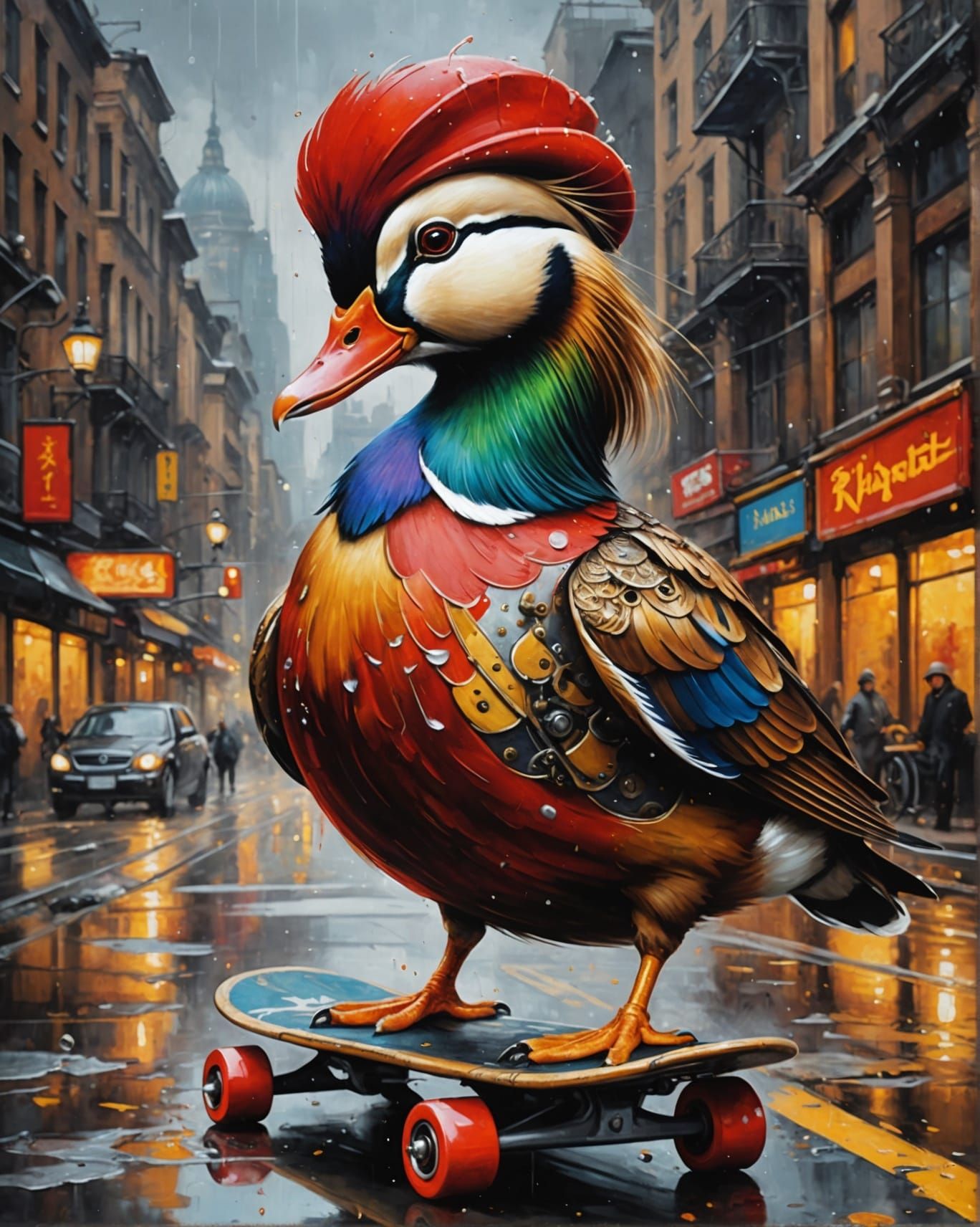 Steampunk Mandarin Duck Skateboarder in Oil Painting Style