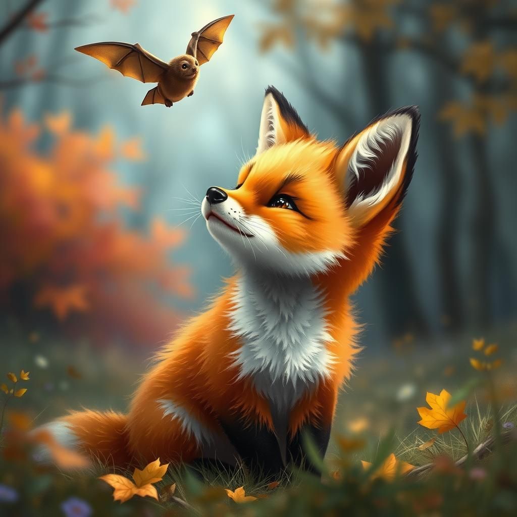 Whimsical Fox Cub Watches Bat in Autumn Forest