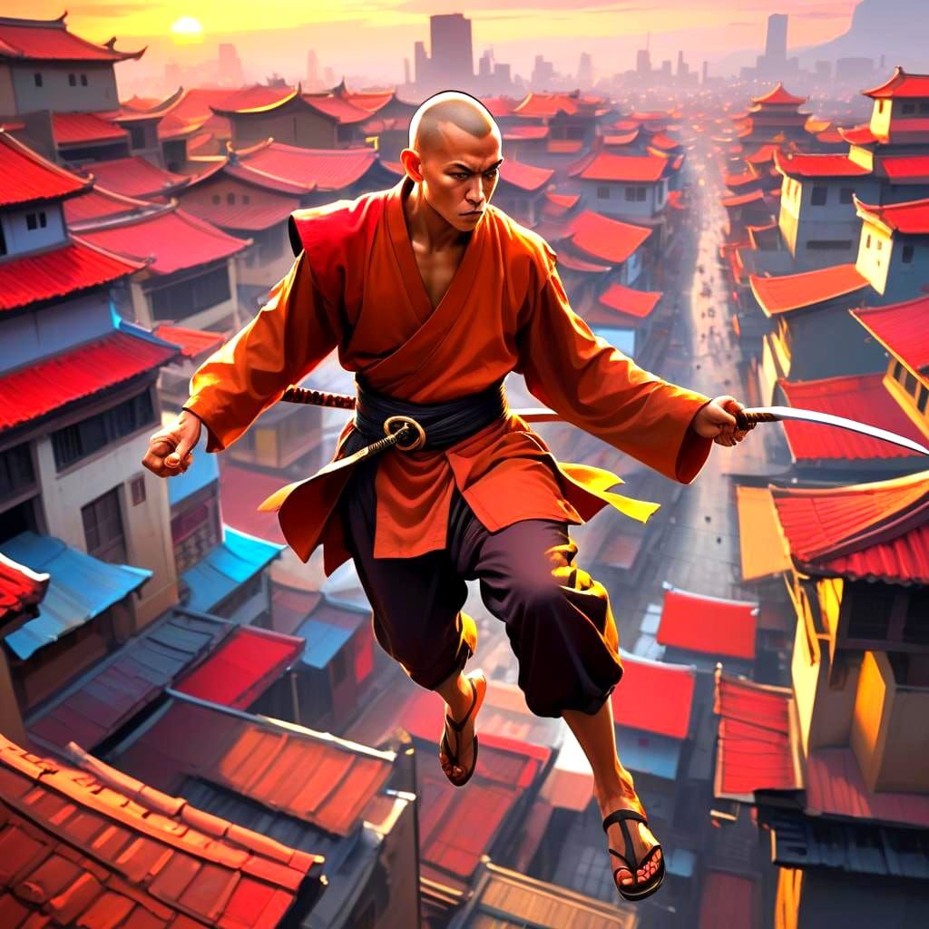 Warrior Monk Leaping Across Rooftops in Detailed Matte Paint...