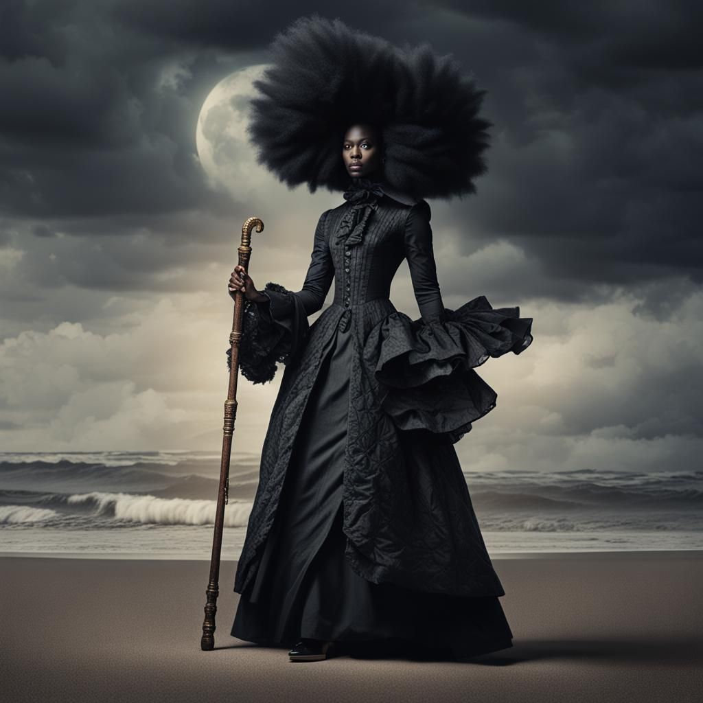 Woman on Stormy Beach in Baroque Haute Couture