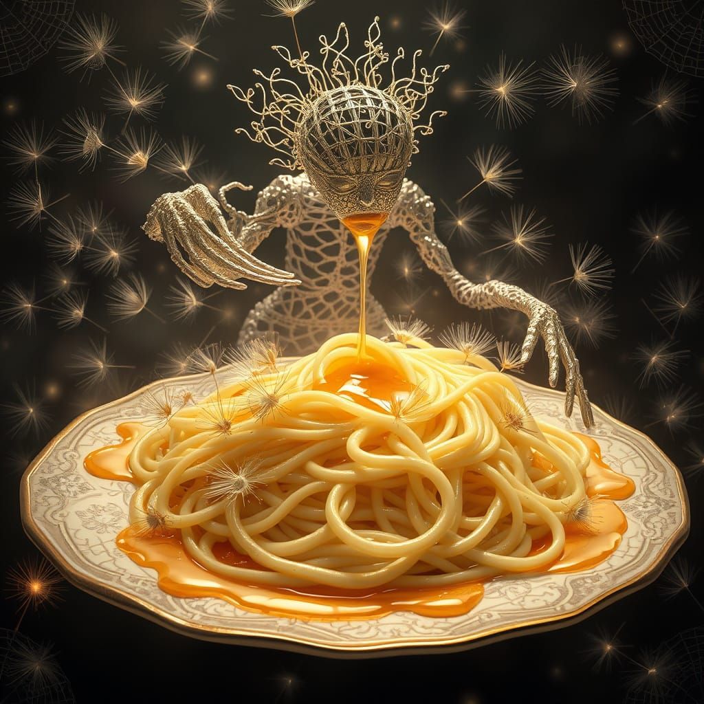 Surreal Silver Being Serves Dandelion Spaghetti