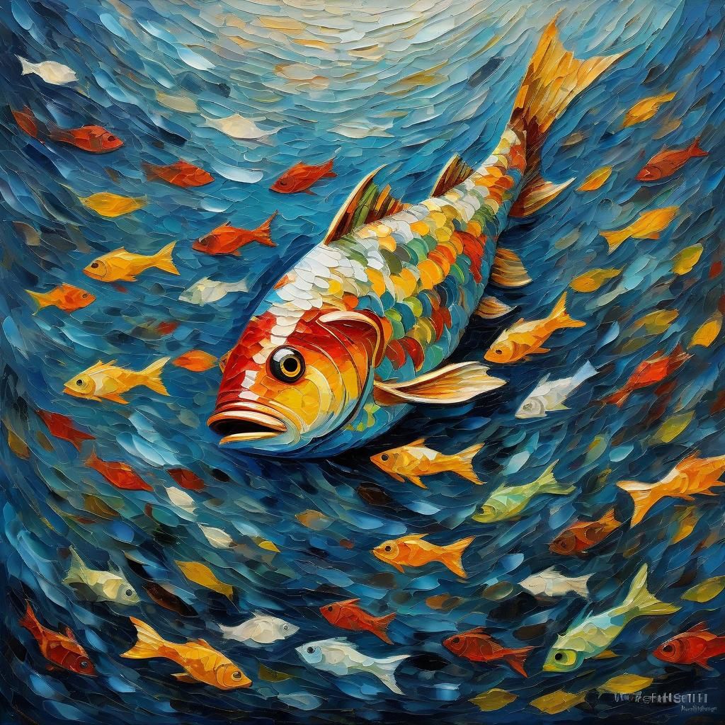 Fish Swimming in a Sea of Symbols as Oil Painting