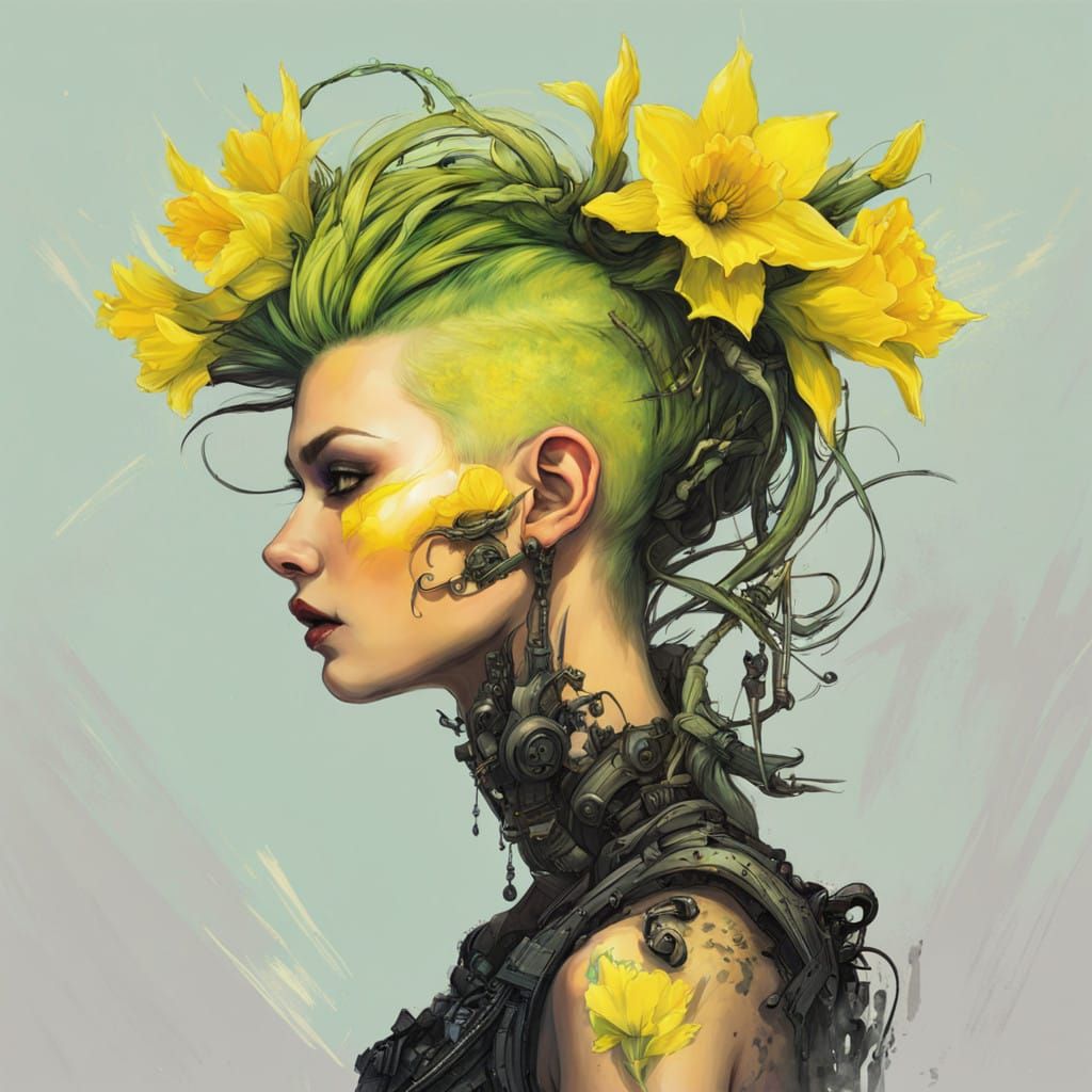 Cyberpunk Daffodil Dryad in Vibrant Neon Colors