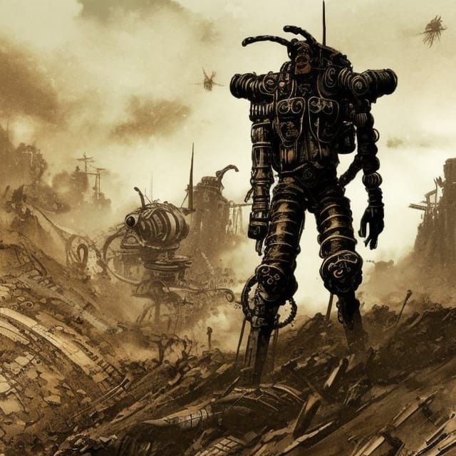 Steampunk Mech Warrior in Trenches, Manga Style