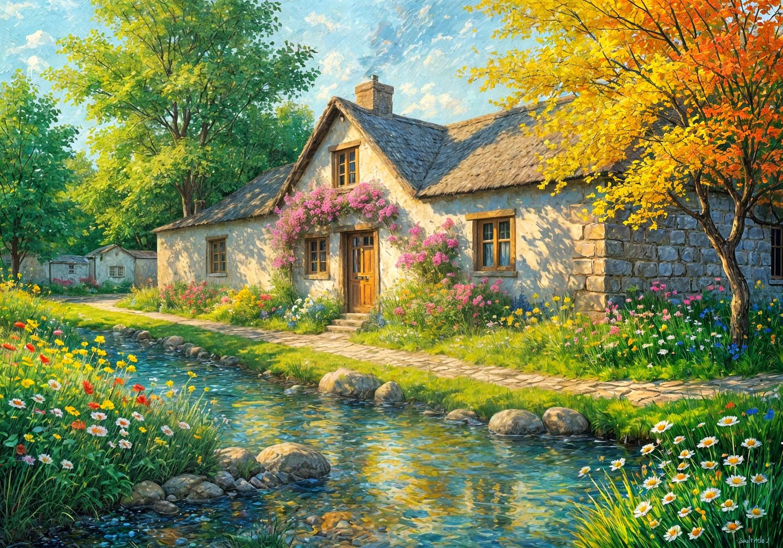 Flower Cottage in Vivid Impasto Style