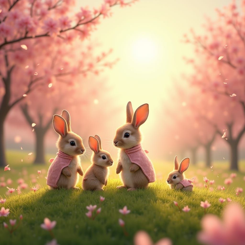 Cherry Blossom Wonderland with Adorable Rabbit Family