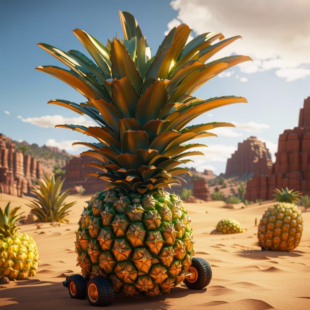 Pineapple Car in Desert, 3D Render