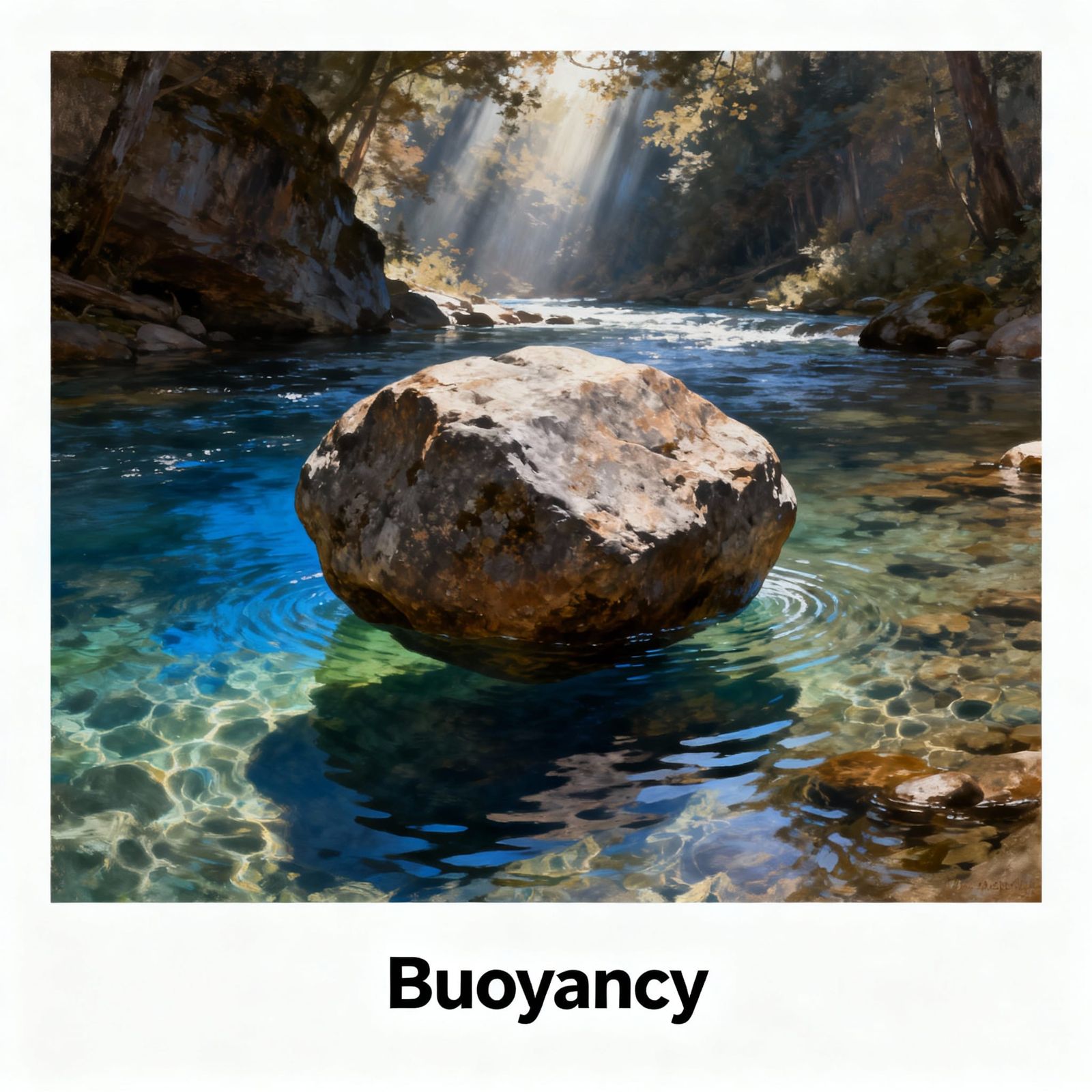 Boulder Floating in River, Hyperrealistic Digital Painting