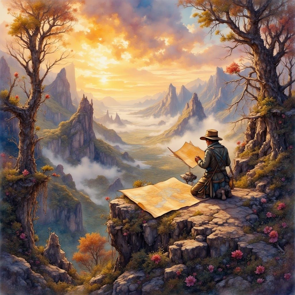 Cartographer Charts Unknown Continent at Dawn