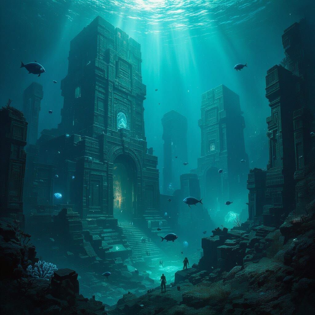 Submerged Alien City in Deep Indigo Ocean