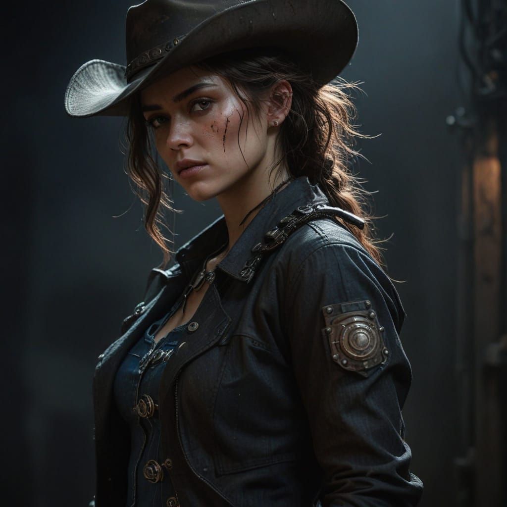 Cyborg Cowgirl in Dark, Moody Portrait
