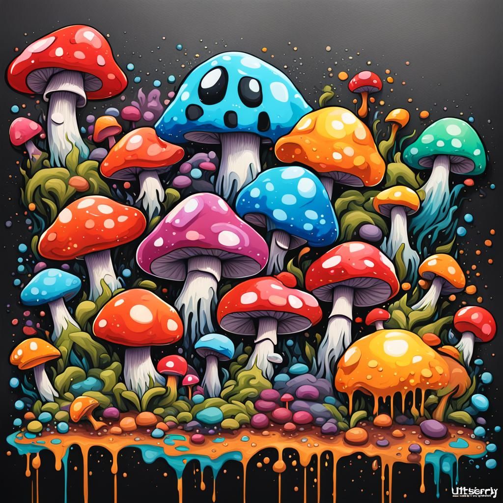 Hip hop mushroom gang puffy cartoon graffiti art, splash art, street art, spray paint, oil gouache melting, acrylic, hig...