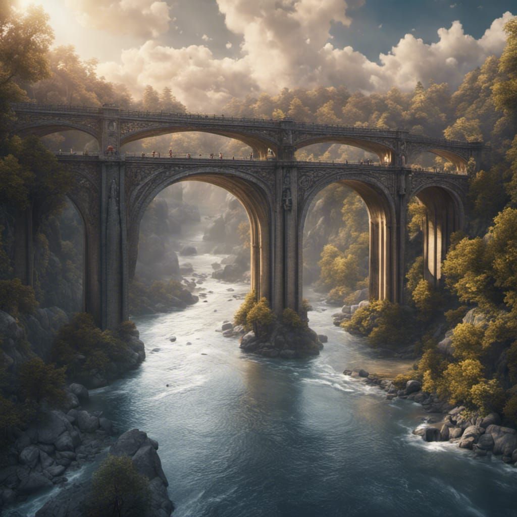Majestic Bridge Over Raging River: Fantasy Concept Art