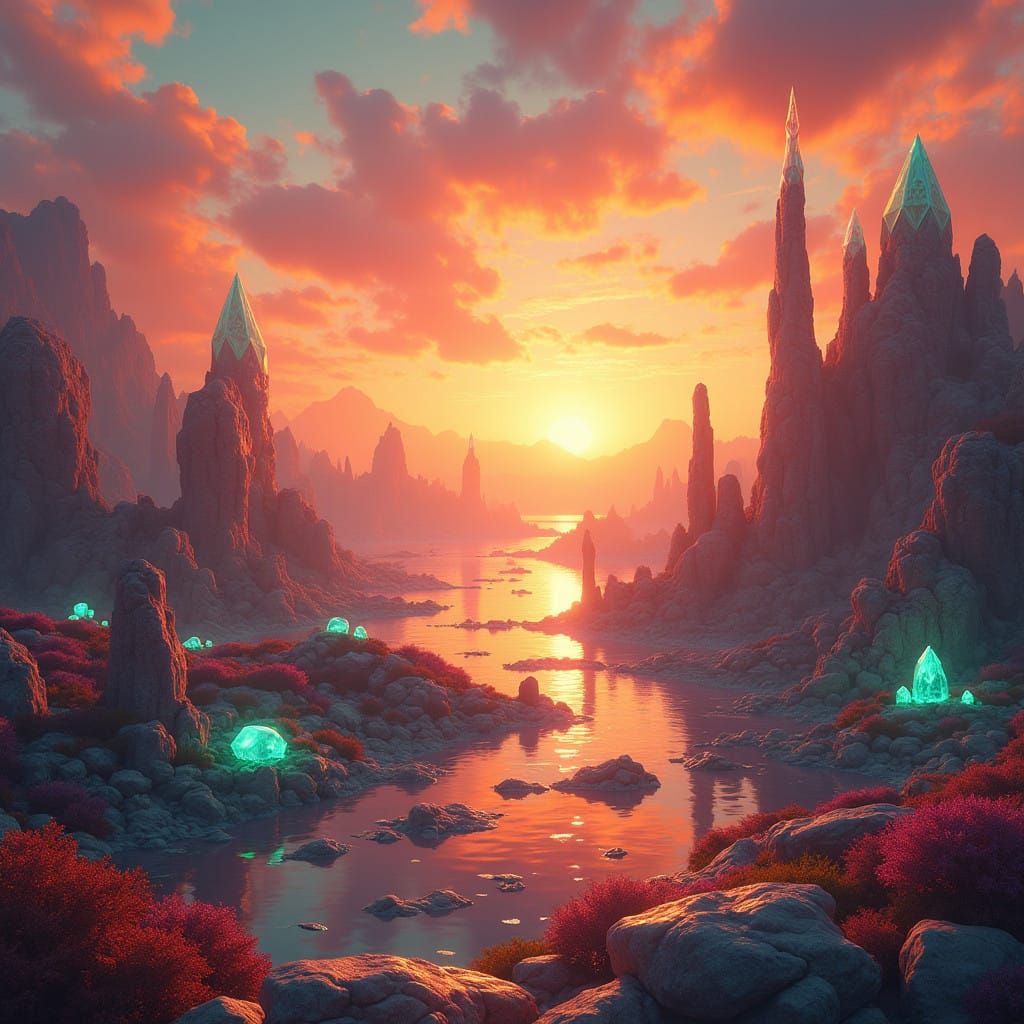 Surreal Sunset Landscape in Vibrant Ruby and Citrine Hues