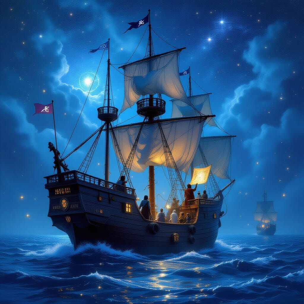 Ethereal Pirate Ship Sailing Through Starry Cosmos
