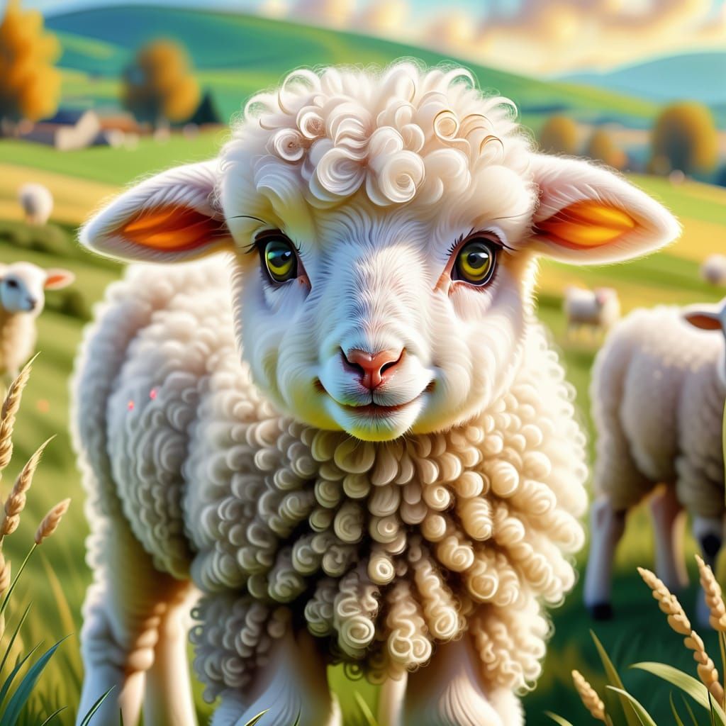 Pastoral Lamb Portrait in Whimsical Digital Art