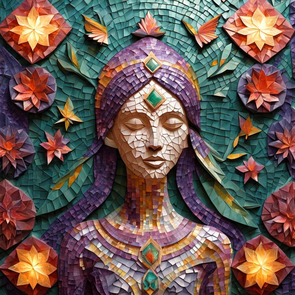 Radiant Mosaic Figure in Lush Jungle