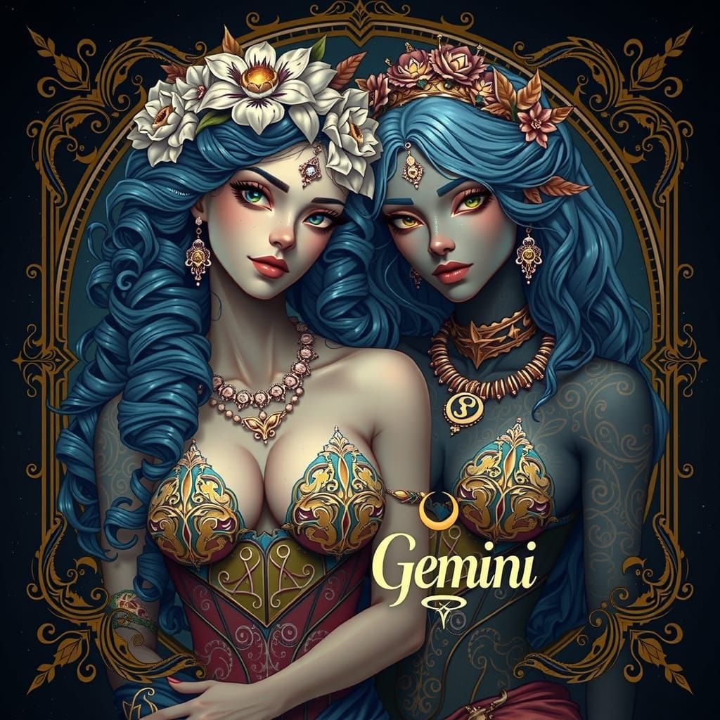 Gemini Goddesses in Ethereal Nighttime Embrace