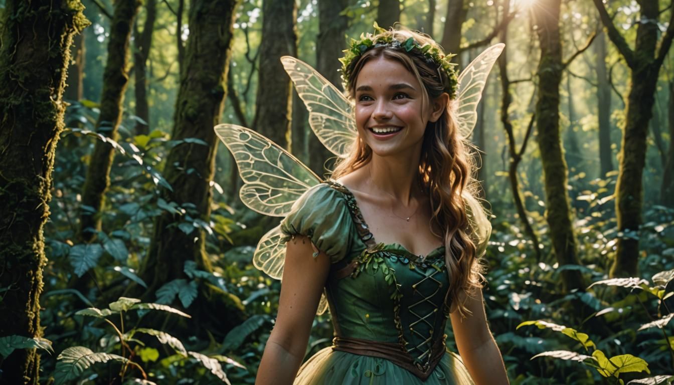 Smiling Fairy in Enchanted Forest, Cinematic Film Still