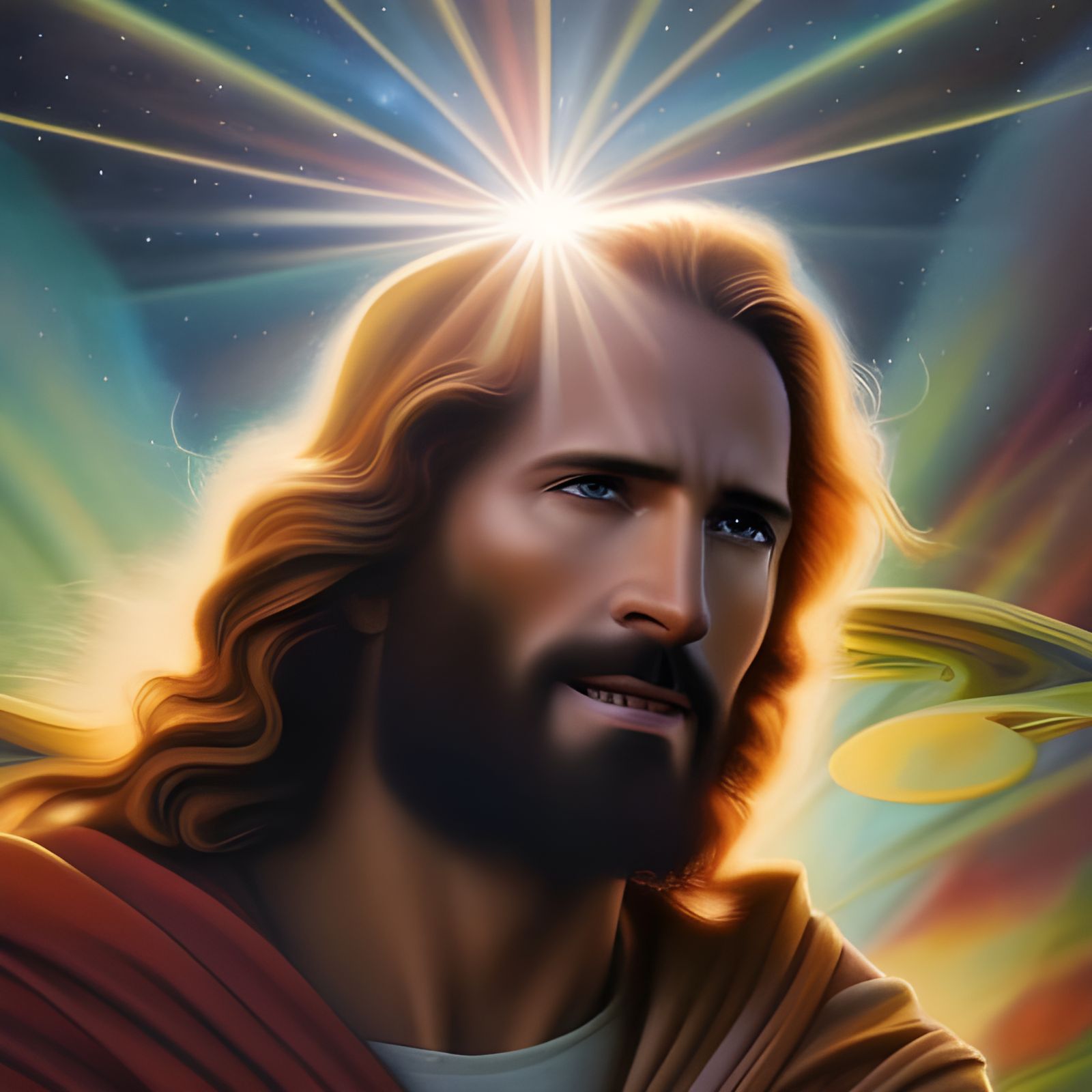 Jesus Ascends to Spaceship in Cosmic Art Style