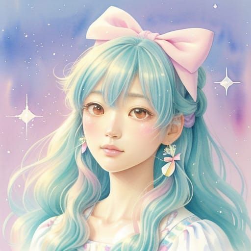 Whimsical Pastel Portrait of a Sweet Girl in Digital Illustr...