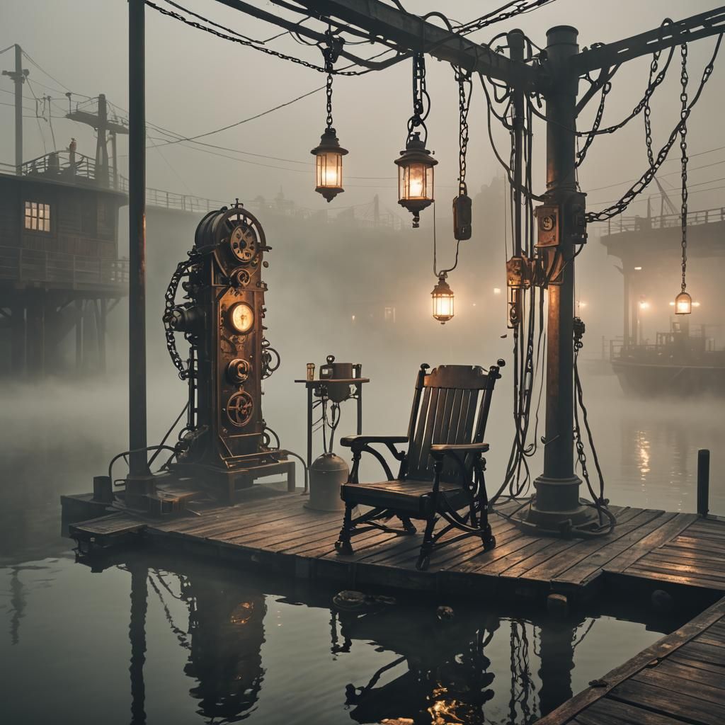 Eerie Steampunk Dock: Electric Chair and Figure