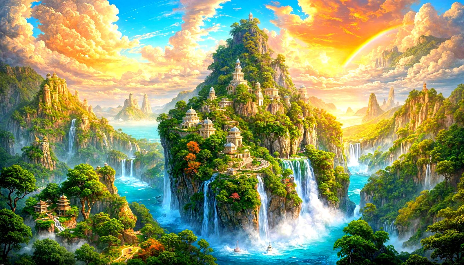 Paradise of Floating Islands with Rainbow Bridges