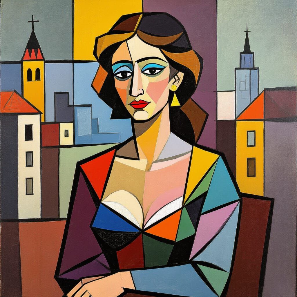 Cubist Woman Posing in Urban Landscape
