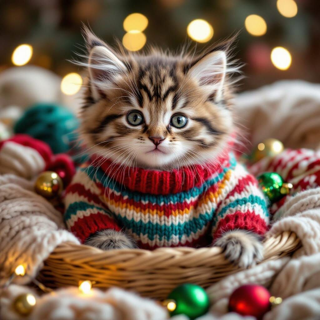 Fluffy Kitten in Ugly Christmas Sweater Peeking from Basket