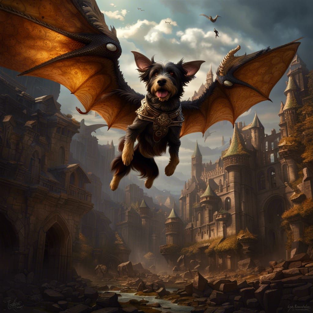 Dragon-Winged Dog Over Forgotten Kingdom: Fantasy Art