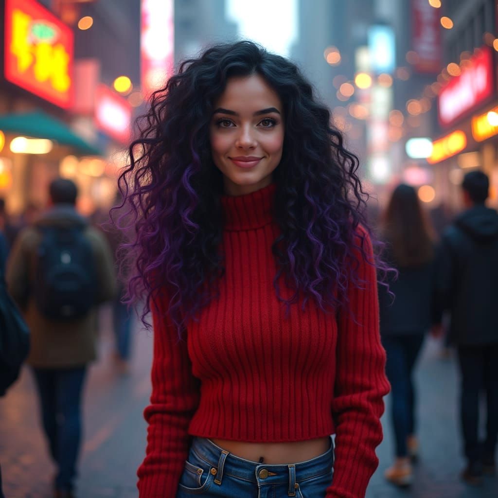 Woman with Curly Hair on Busy City Street