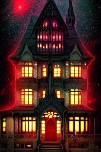 Eerie Haunted House Under Cosmic Sky in Art Nouveau Style