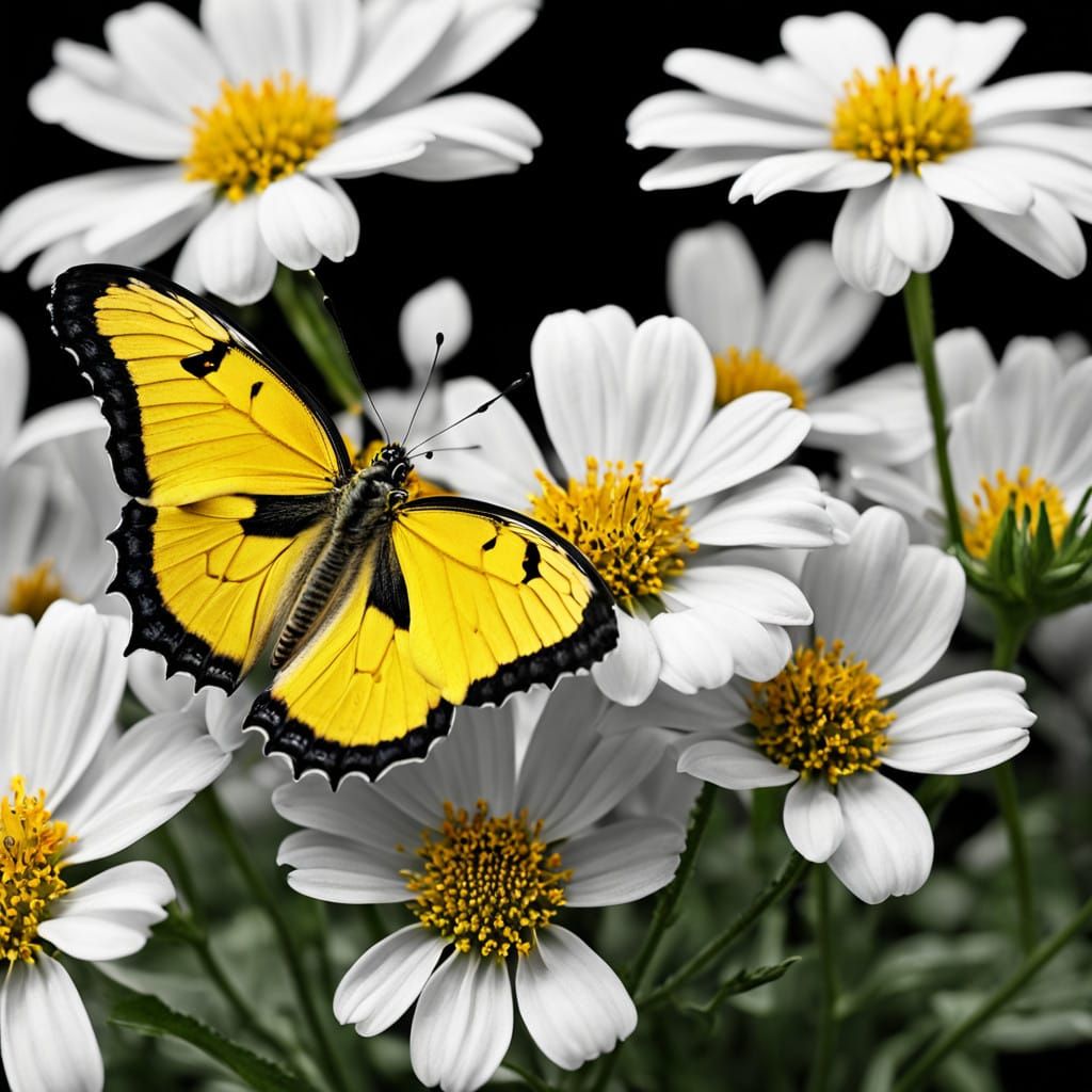 Vibrant Yellow Butterfly on a Black and White Flower